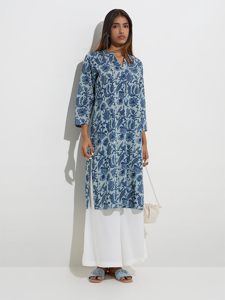 Utsa Blue Botanical Printed Straight Cotton Kurta