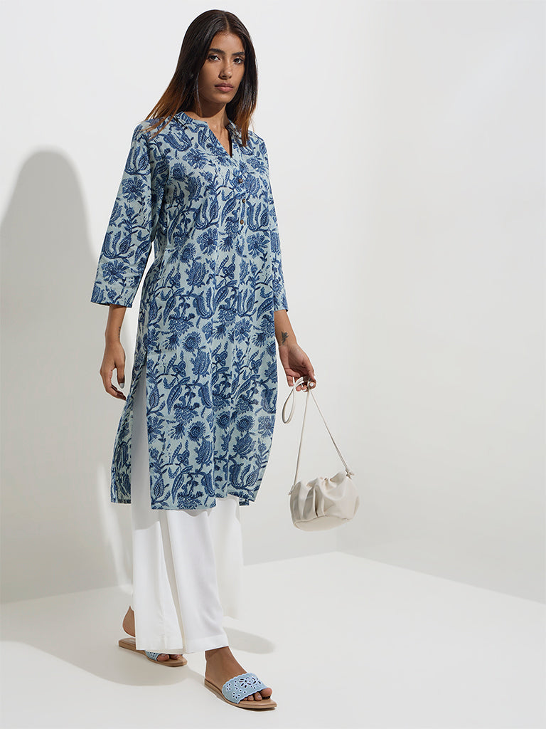 Utsa Blue Botanical Printed Straight Cotton Kurta - Image 3