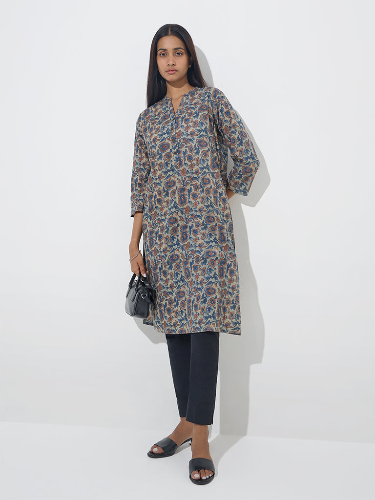 Utsa Blue Floral Design Straight Cotton Kurta - Image 3