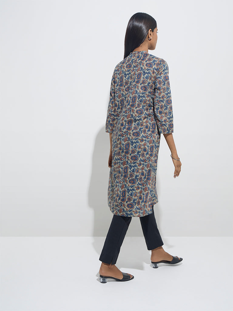 Utsa Blue Floral Design Straight Cotton Kurta - Image 4