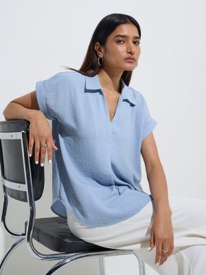 Wardrobe Dusty Blue Crinkle-Textured Top