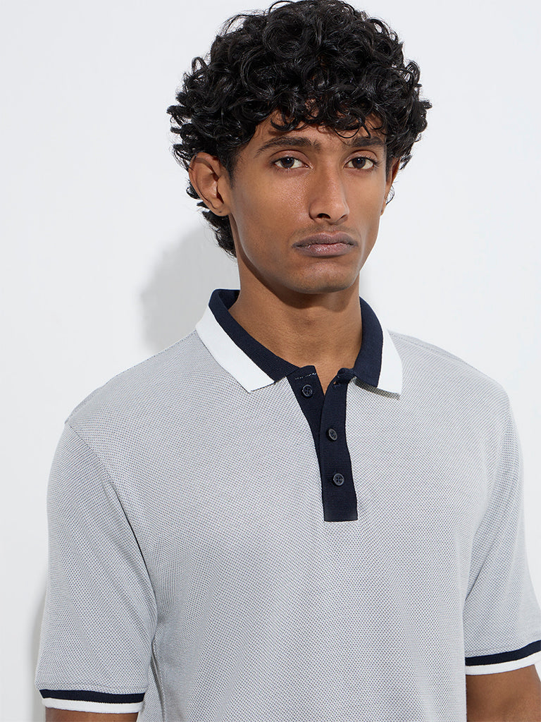WES Casuals Grey Knitted Relaxed-Fit Polo T-Shirt - Image 3