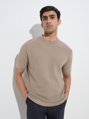 WES Formals Beige Knit-Textured Slim-Fit T-Shirt