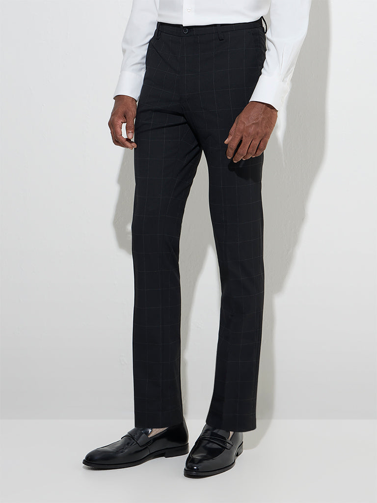 WES Formals Black Checks Ultra-Slim Fit Mid-Rise Trousers - Image 3