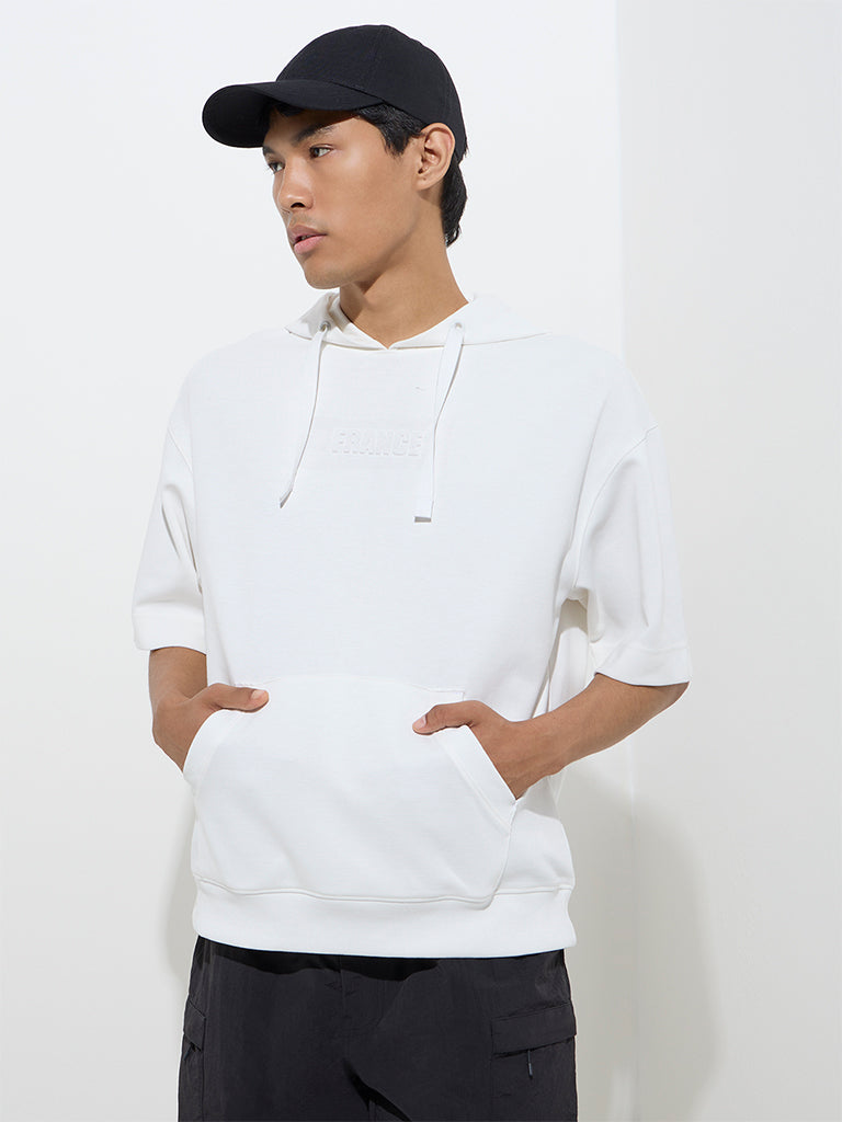 Studiofit White Embossed Relaxed-Fit Cotton-Blend Hoodie