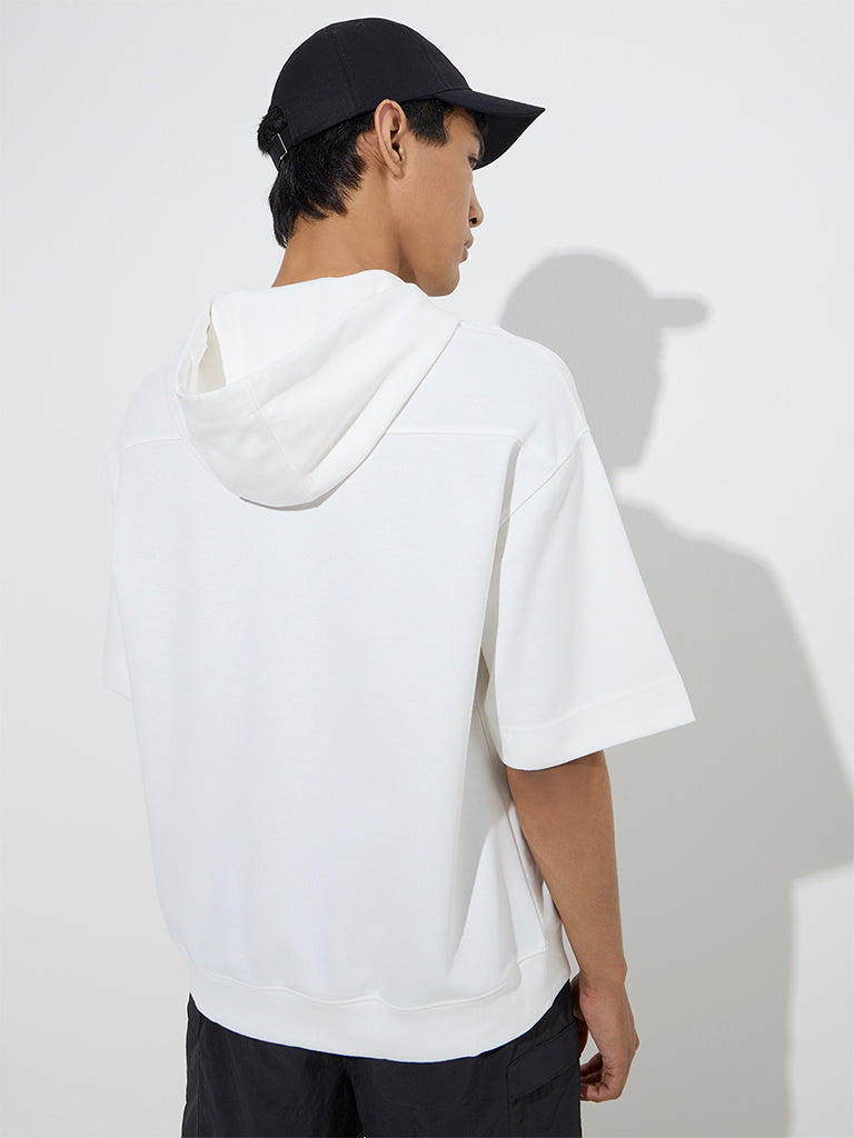 Studiofit White Embossed Relaxed-Fit Cotton-Blend Hoodie - Image 4