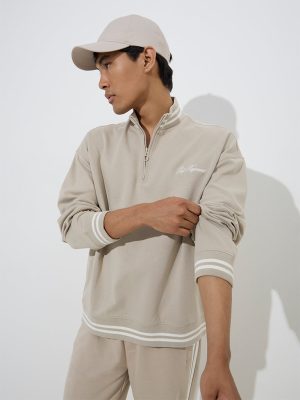 Studiofit Beige Printed Quarter Zip Cotton-Blend Sweatshirt