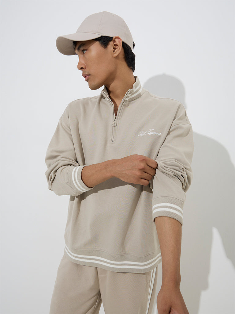 Studiofit Beige Printed Quarter Zip Cotton-Blend Sweatshirt