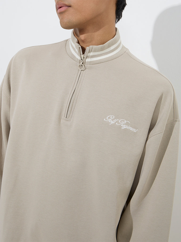 Studiofit Beige Printed Quarter Zip Cotton-Blend Sweatshirt - Image 3