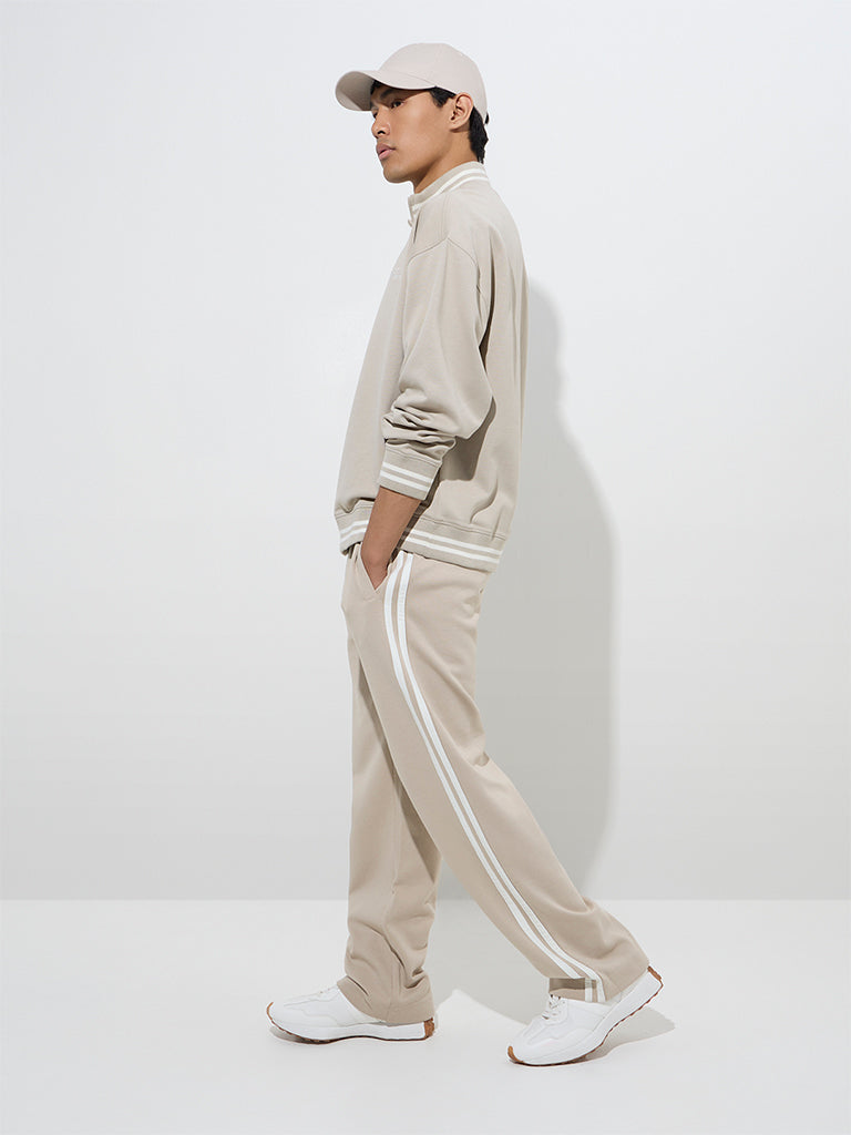 Studiofit Beige Printed Quarter Zip Cotton-Blend Sweatshirt - Image 4