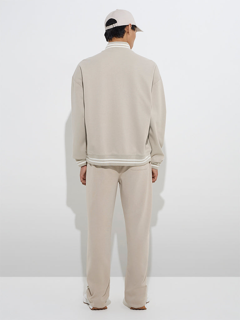 Studiofit Beige Printed Quarter Zip Cotton-Blend Sweatshirt - Image 5