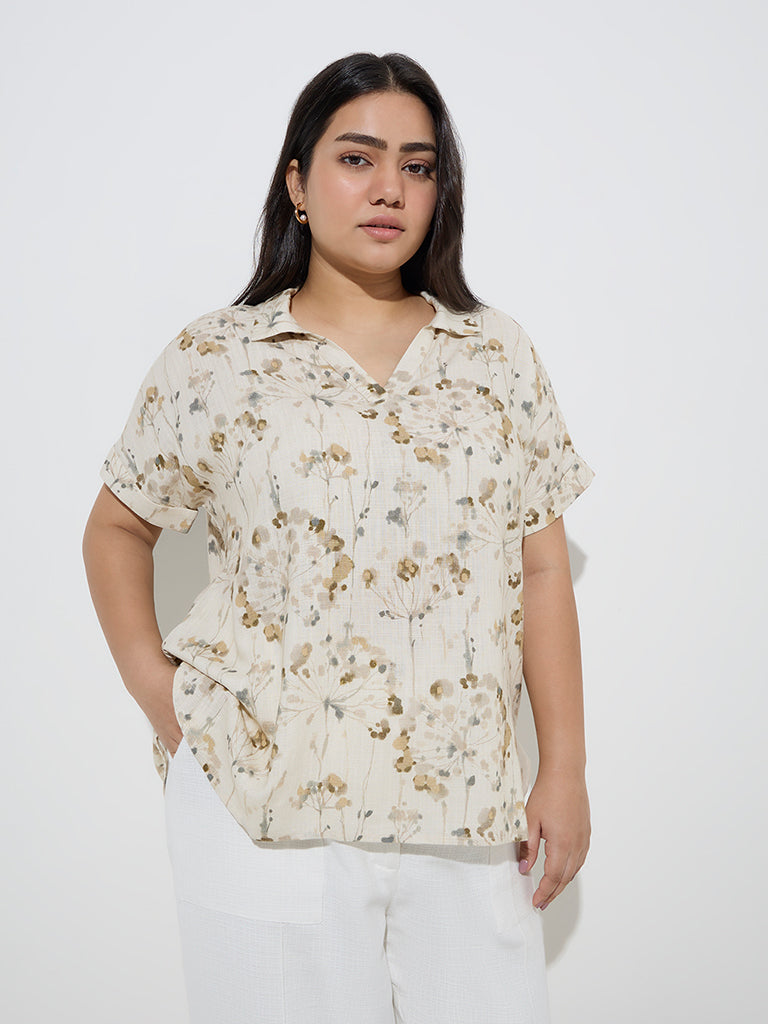 Gia Beige Botanical Printed Cotton-Blend Top