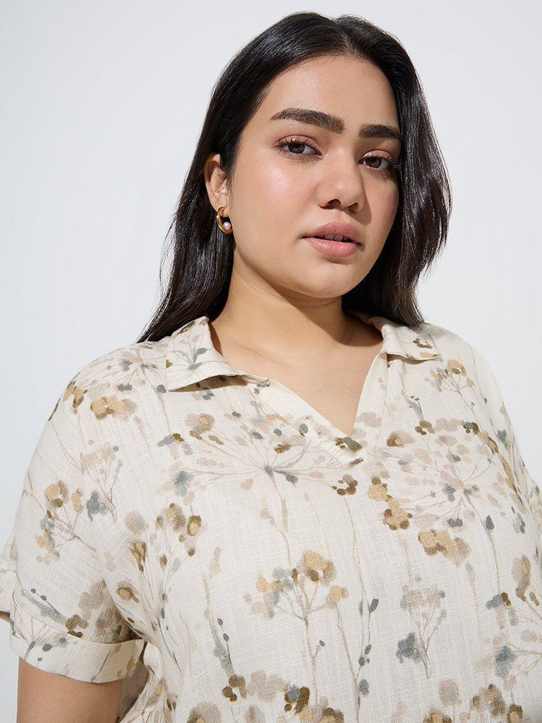 Gia Beige Botanical Printed Cotton-Blend Top - Image 2