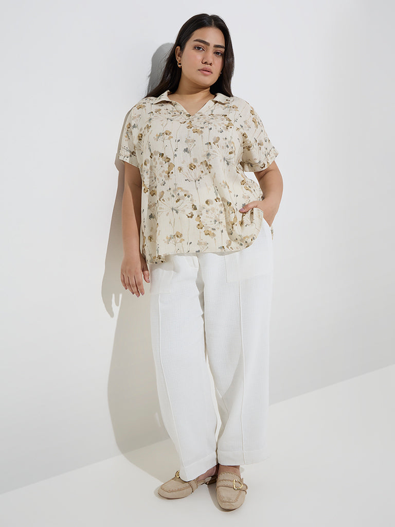 Gia Beige Botanical Printed Cotton-Blend Top - Image 3