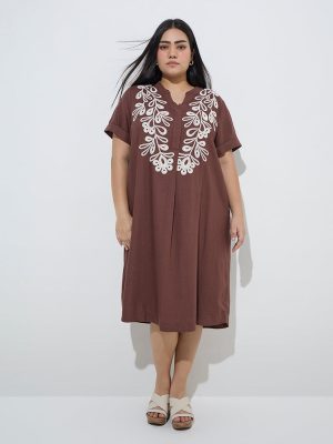 Gia Brown Floral Embroidered Cotton-Blend Straight Dress