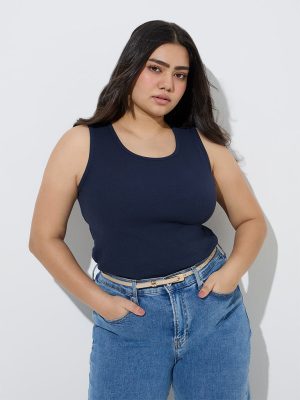 Gia Navy Ribbed-Textured Cotton-Blend Tank Top