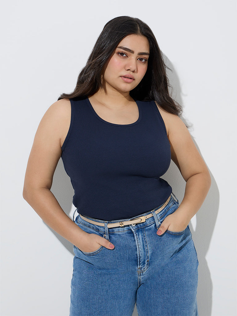 Gia Navy Ribbed-Textured Cotton-Blend Tank Top