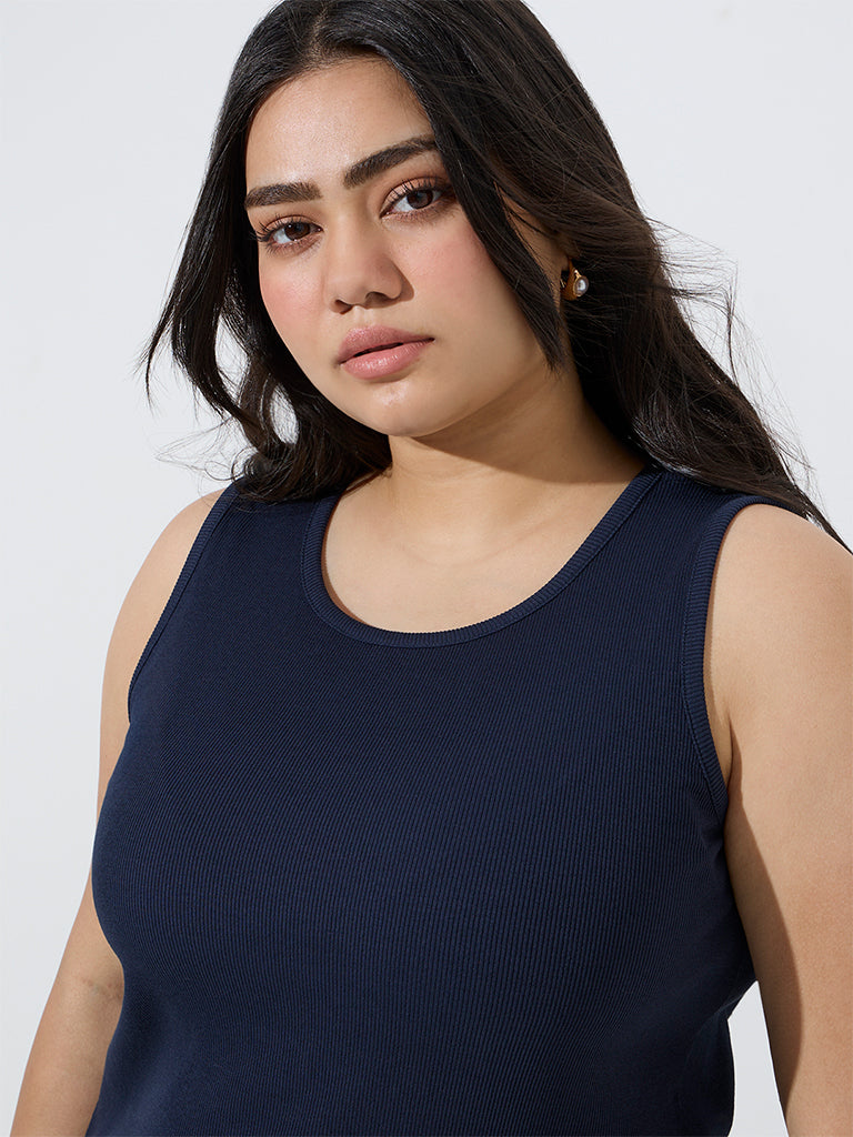 Gia Navy Ribbed-Textured Cotton-Blend Tank Top - Image 2