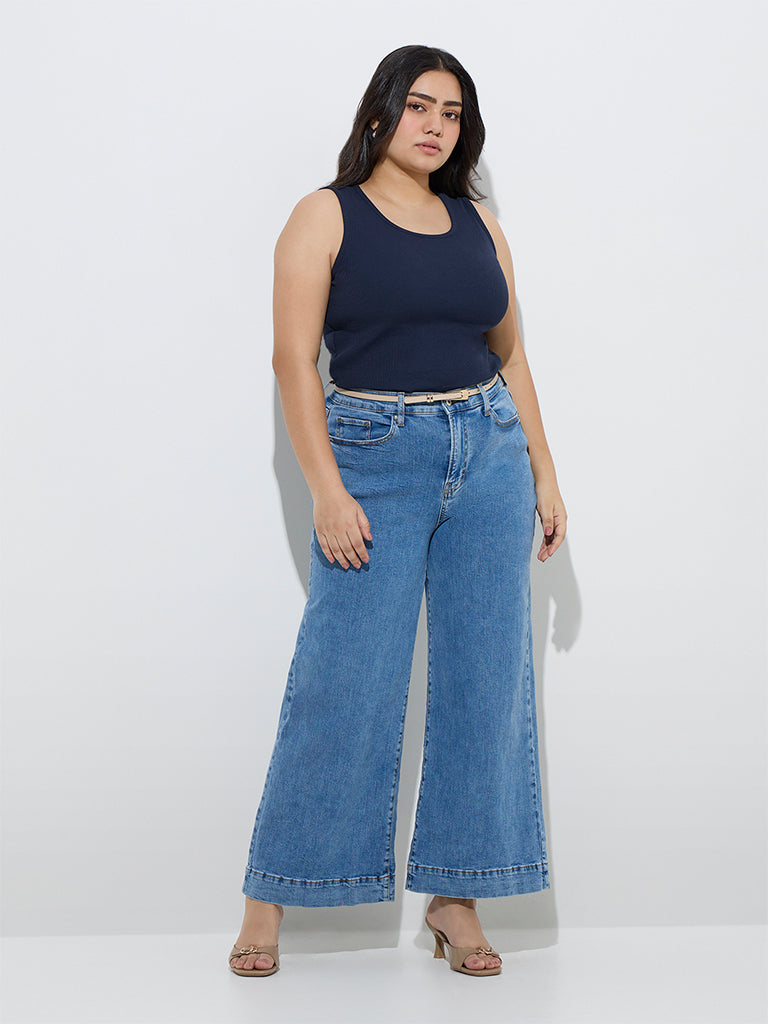 Gia Navy Ribbed-Textured Cotton-Blend Tank Top - Image 3