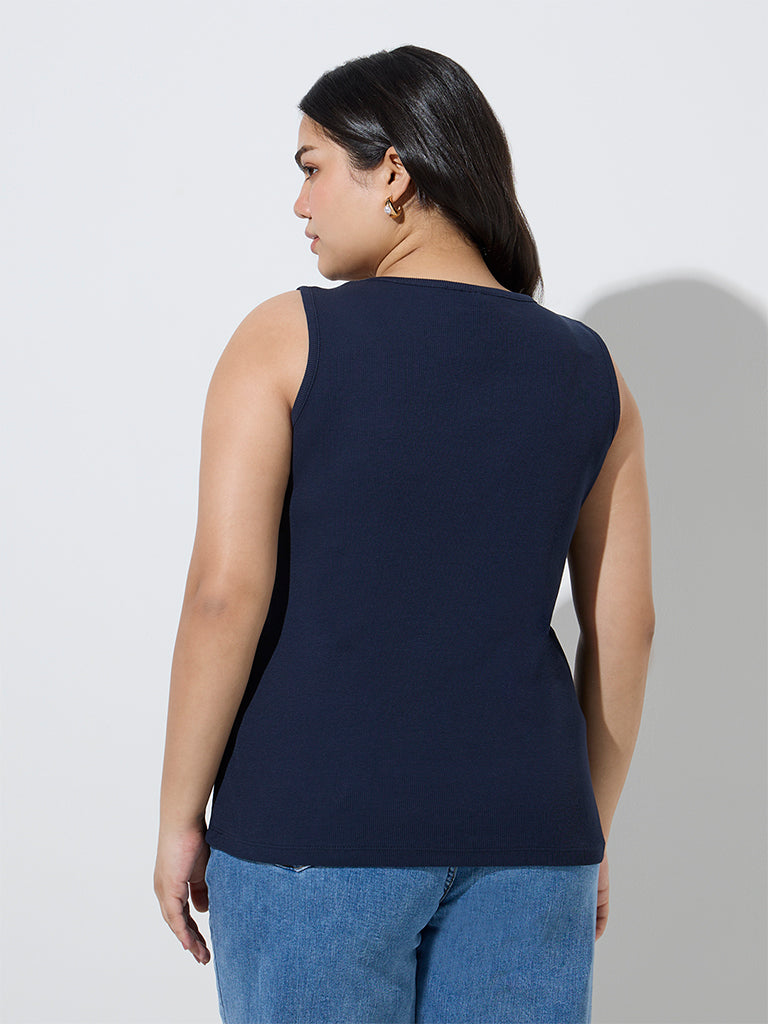 Gia Navy Ribbed-Textured Cotton-Blend Tank Top - Image 4