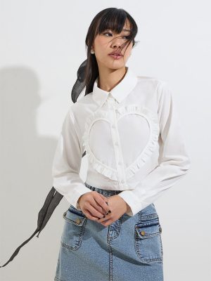 Nuon White Ruffled Heart Cotton Shirt