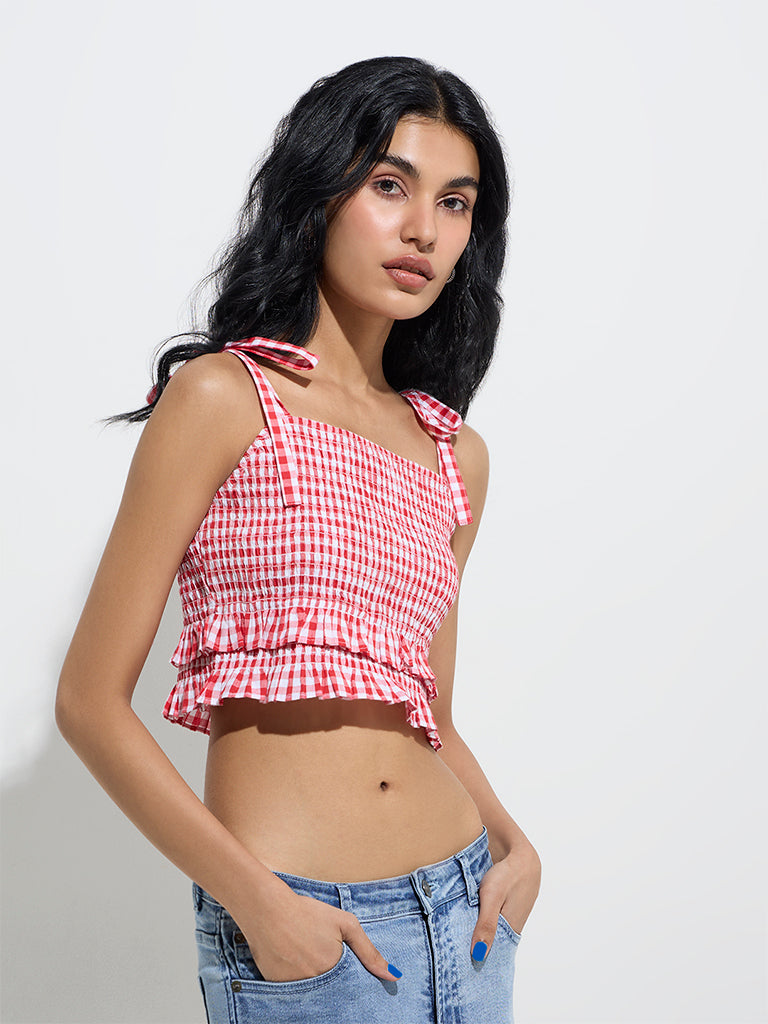Nuon Red Checkered Smocked Cotton Crop Top