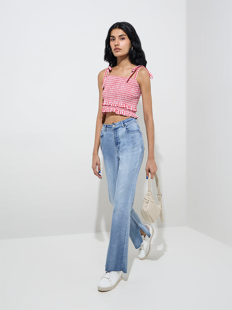 Nuon Red Checkered Smocked Cotton Crop Top - Image 3