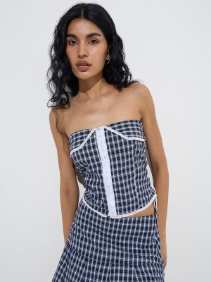 Nuon Navy Checkered Off-Shoulder Cotton Crop Top