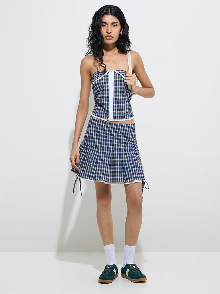 Nuon Navy Checkered Off-Shoulder Cotton Crop Top - Image 3