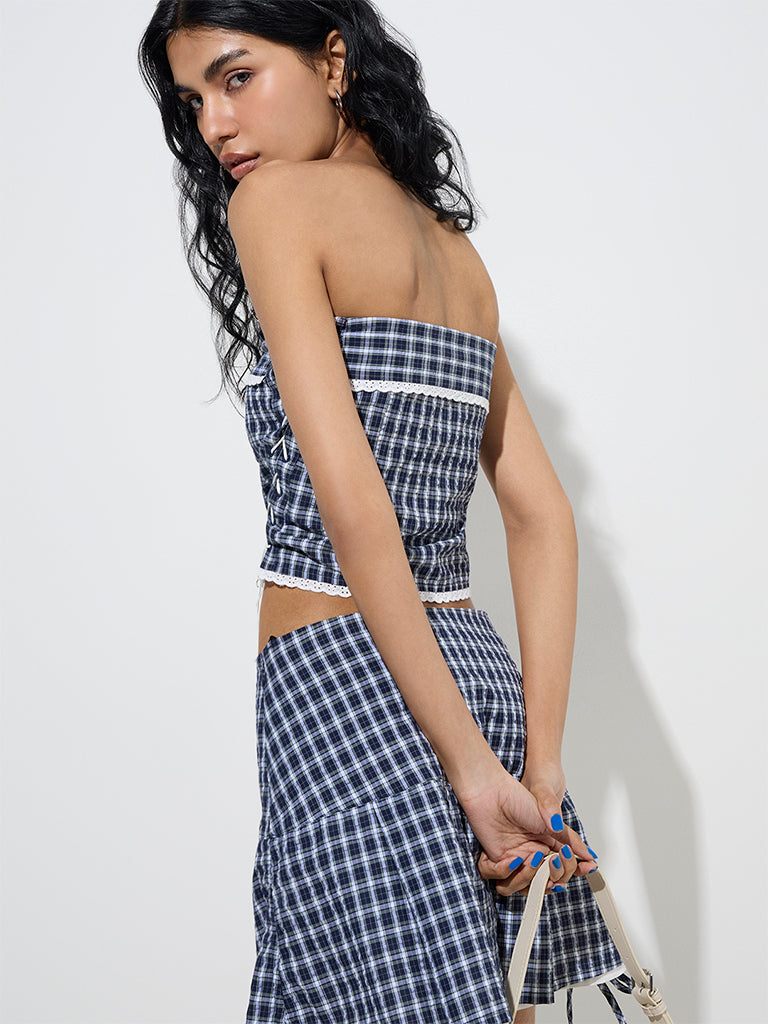 Nuon Navy Checkered Off-Shoulder Cotton Crop Top - Image 4