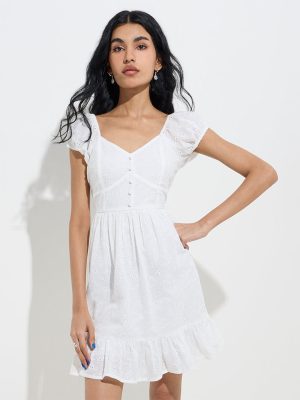 Nuon White Schiffli Cotton A-Line Dress