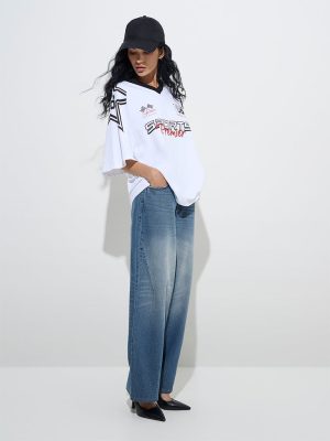 Nuon Dark Blue Washed Relaxed-Fit High-Rise Jeans