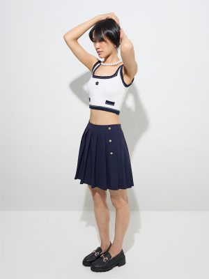 Nuon Navy Pleated High-Rise Cotton Skirt
