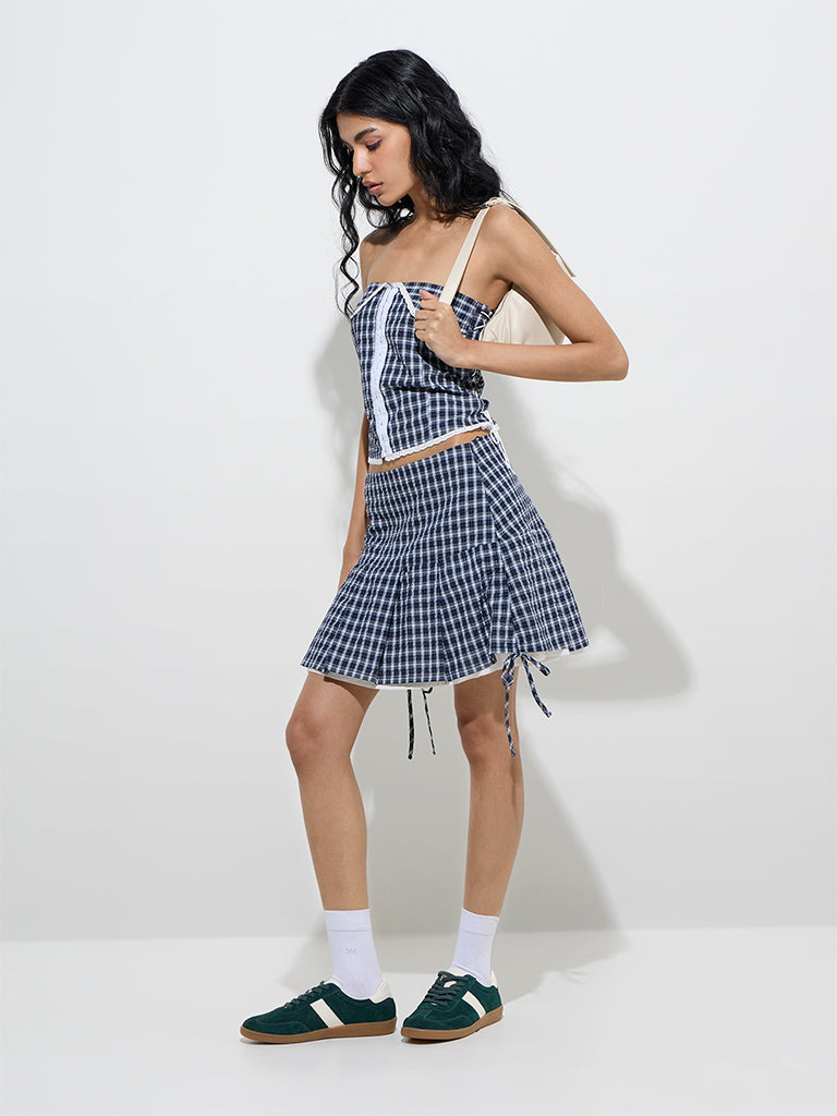 Nuon Navy Checks Design High-Rise Cotton Skirt
