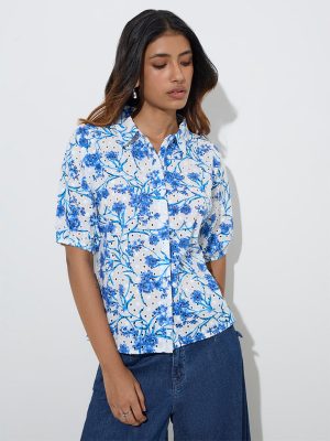 LOV Blue Floral Patterned Linen-Blend Shirt