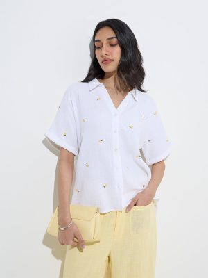 LOV White Fruit Embroidered Cotton Shirt