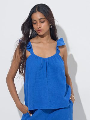 LOV Blue Crinkle-Textured Cotton Top