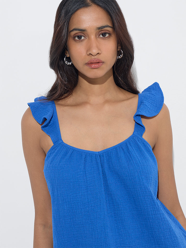 LOV Blue Crinkle-Textured Cotton Top - Image 2