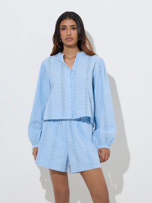 LOV Light Blue Schiffli Design Cotton Blouse