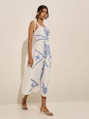 LOV White Floral Embroidered Cotton A-Line Dress