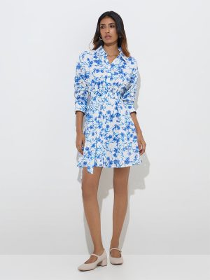 LOV Blue Floral Pattern Cotton Shirt Dress with Belt