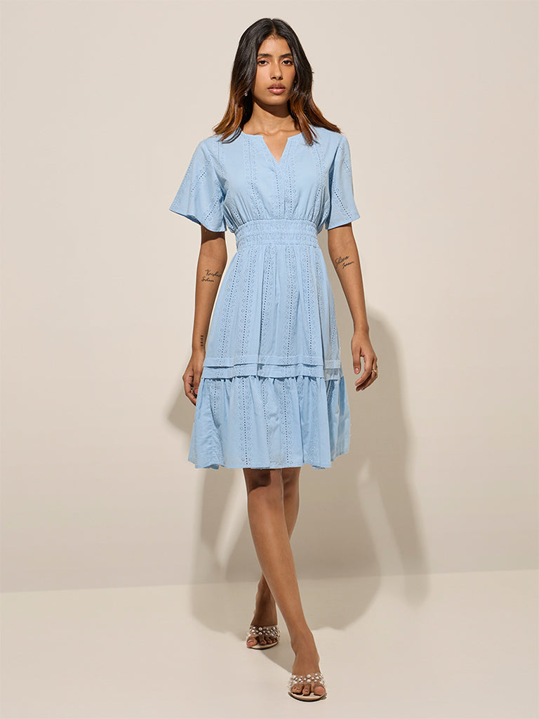 LOV Light Blue Schiffli Embroidered Cotton A-Line Dress
