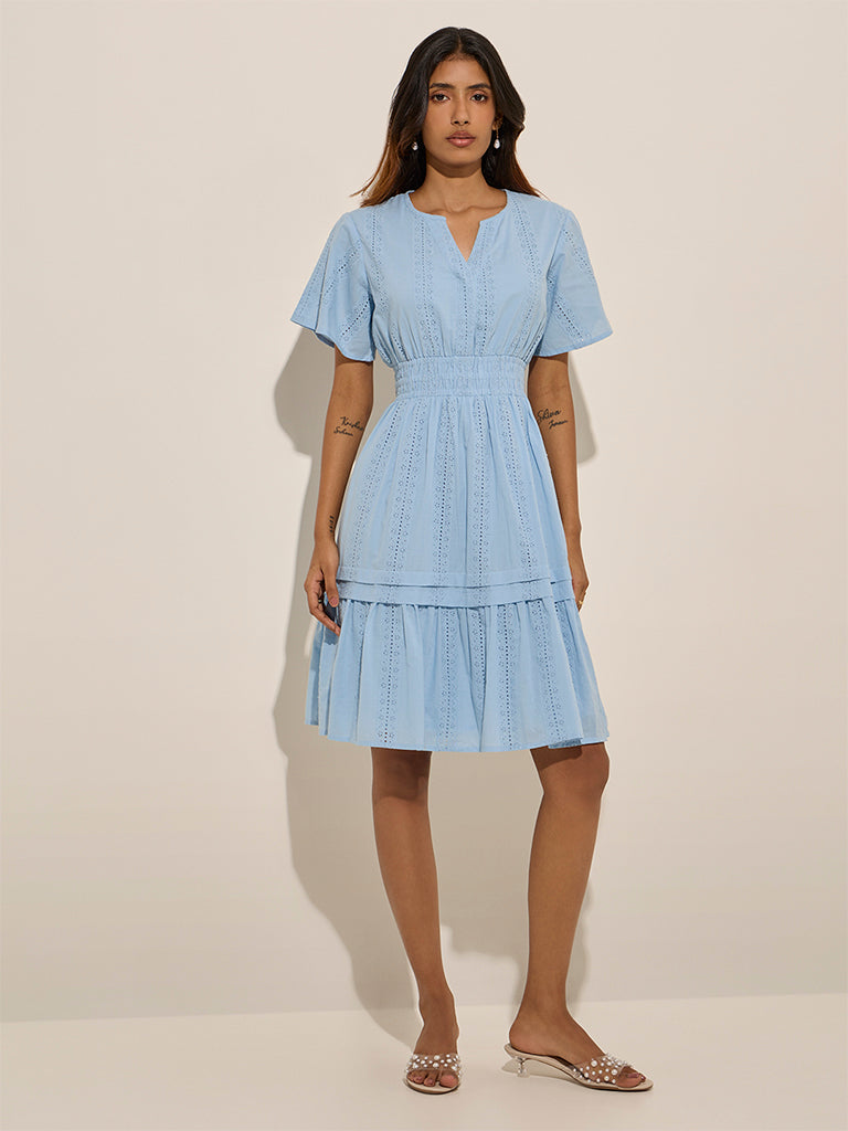 LOV Light Blue Schiffli Embroidered Cotton A-Line Dress - Image 3