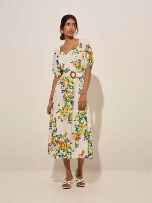 LOV Off-White Floral Pattern Linen-Blend A-Line Dress with Belt