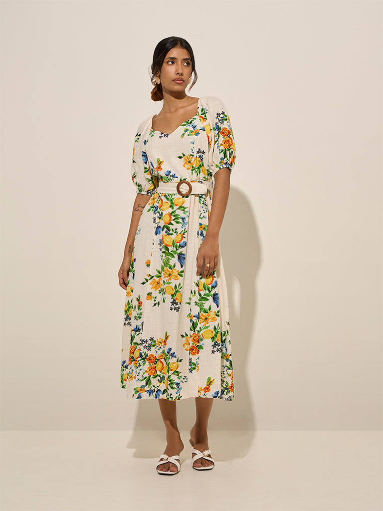 LOV Off-White Floral Pattern Linen-Blend A-Line Dress with Belt