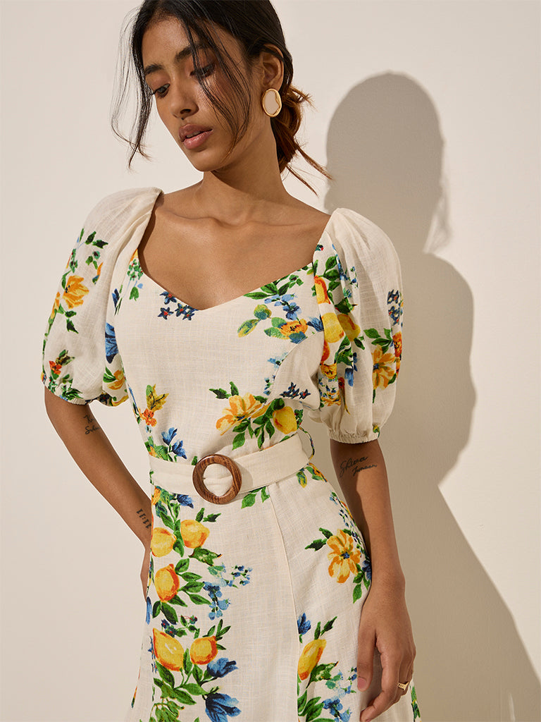 LOV Off-White Floral Pattern Linen-Blend A-Line Dress with Belt - Image 2