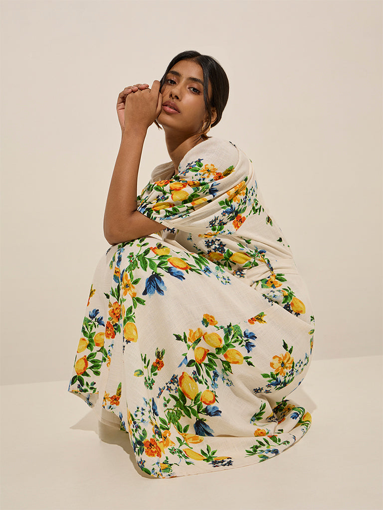 LOV Off-White Floral Pattern Linen-Blend A-Line Dress with Belt - Image 3