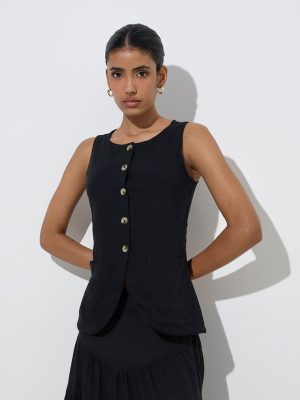 LOV Black Waistcoat-Style Linen-Blend Top