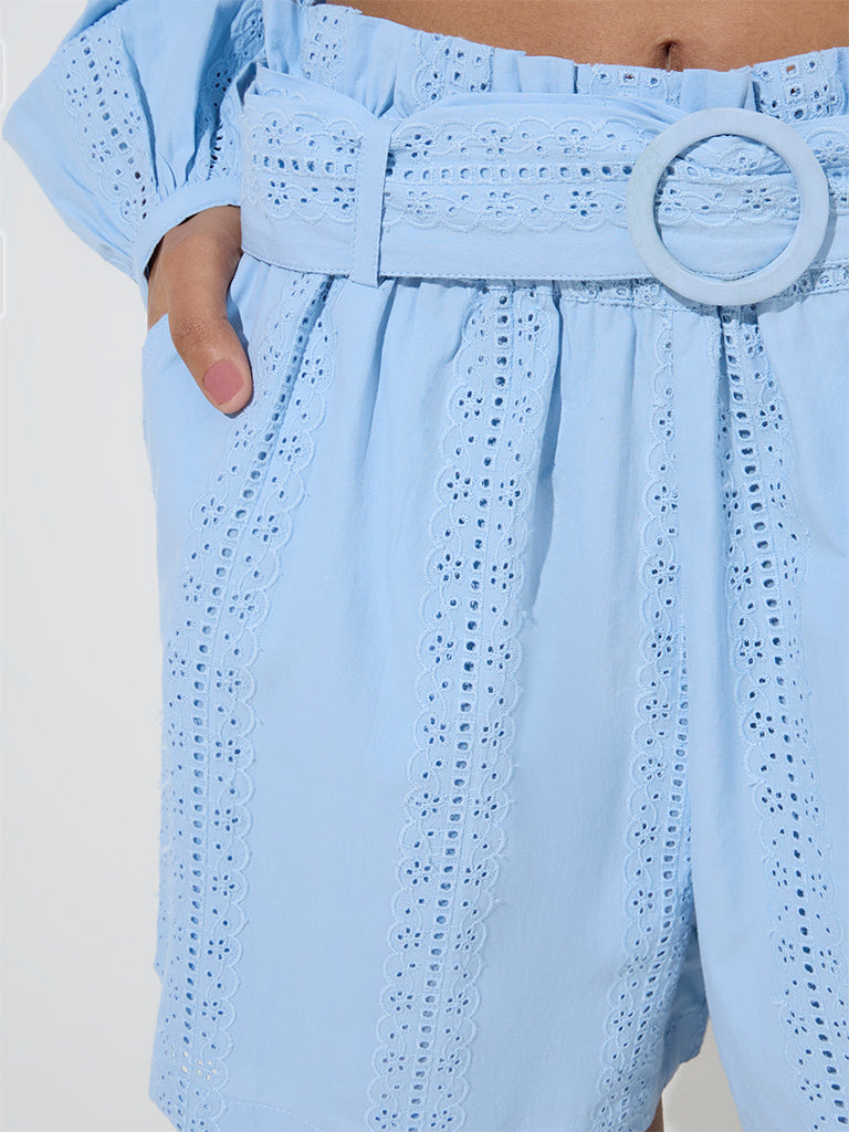 LOV Light Blue Schiffli Mid-Rise Cotton Shorts with Belt - Image 2