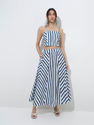 LOV Blue Stripe Printed High-Rise Cotton Skirt